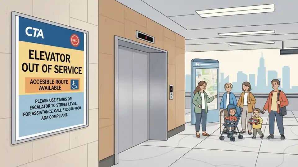 Description: CTA elevator out of service sign posted at Red Line station entrance, showing typical transit accessibility alert signage
Alt text: CTA elevator out of service accessibility alert Red Line Chicago transit station
Composition: Close-up of elevator entrance with out-of-service signage visible, showing how transit agencies communicate accessibility disruptions to riders