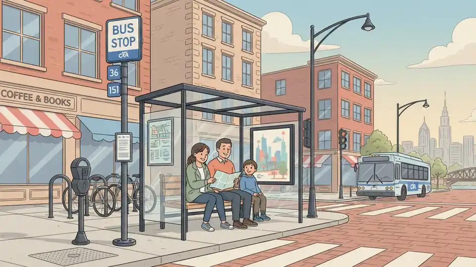CTA bus stop sign and shelter on Chicago street corner with route information posted