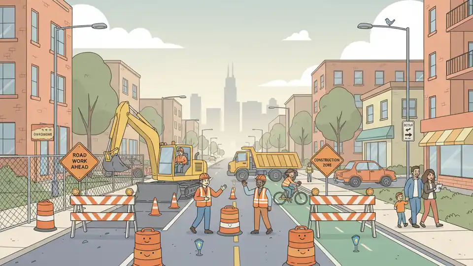 Construction work zone on Woodlawn Avenue between 93rd and 95th streets Chicago