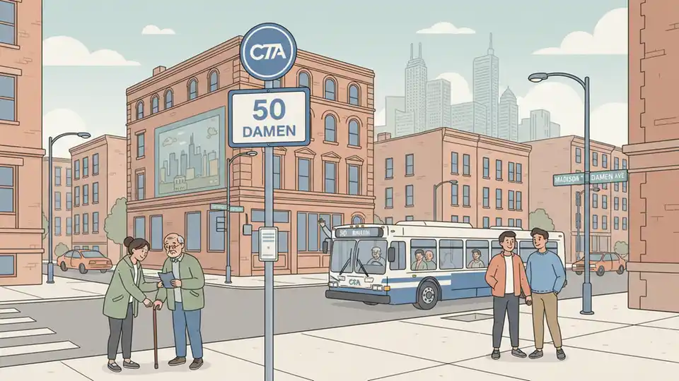 CTA bus stop sign showing route 50 with Chicago neighborhood street intersection in background