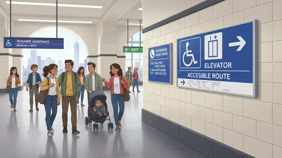 Elevator and accessibility signage inside PATH station concourse area, showing passenger assistance phone and wayfinding elements