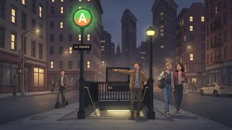 Subway station entrance with illuminated signage at night showing 24-hour access, urban street setting with pedestrians
