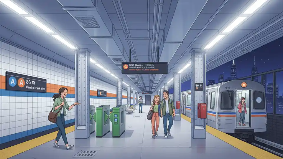 Interior of subway station platform with trains and fare gates, showing 24-hour operational capacity with lighting and signage