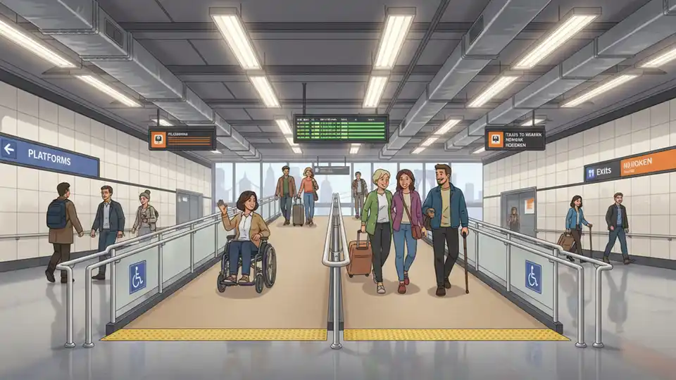 Accessible ramp at transit station concourse level with passengers