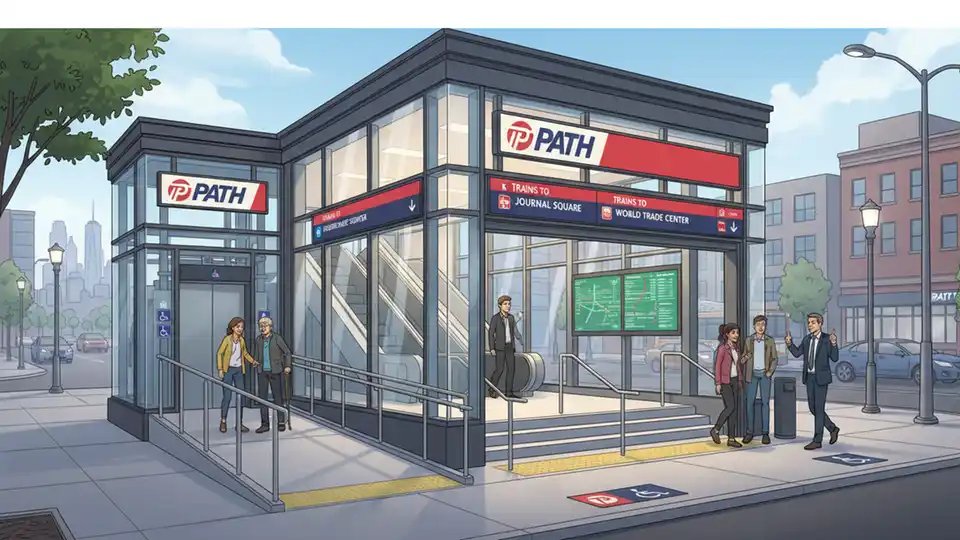 Station entrance on Frank E. Rogers Boulevard with PATH signage, showing accessible entry point and directional wayfinding