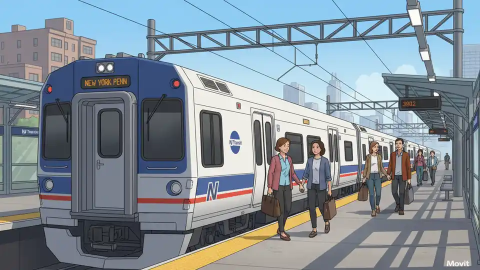 NJ Transit train at station platform with passengers boarding, showing modern commuter rail service