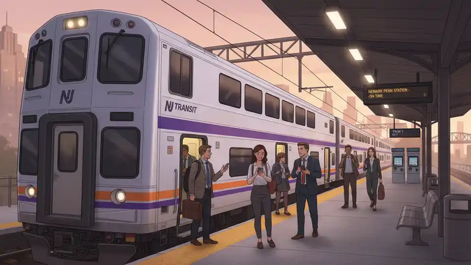 NJ Transit train at station platform with passengers boarding while using smartphones
