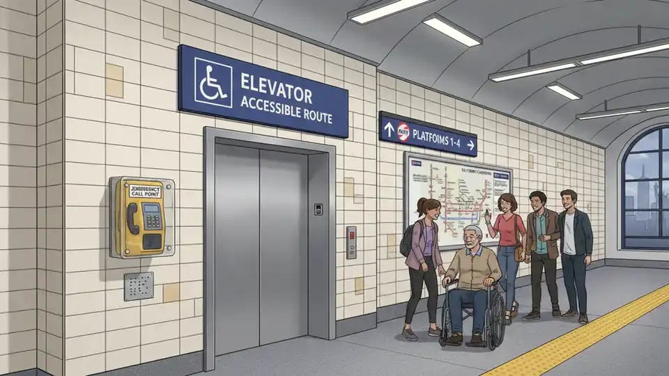PATH station elevator and accessibility signage at Journal Square, showing passenger assistance phone location and wayfinding elements