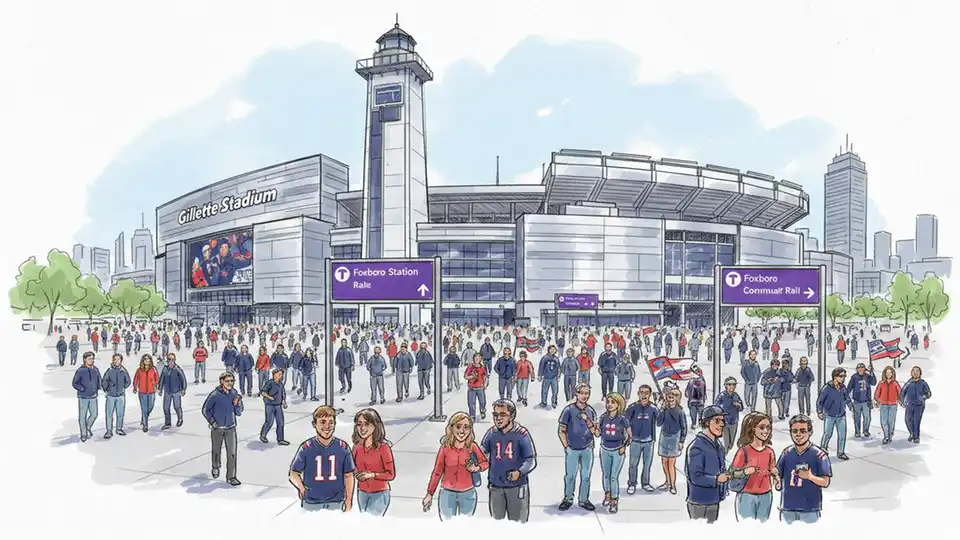 Gillette Stadium exterior with crowds and transit signage directing passengers to commuter rail station