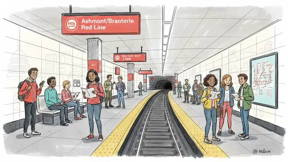Red Line subway platform at busy downtown Boston station showing track and signage