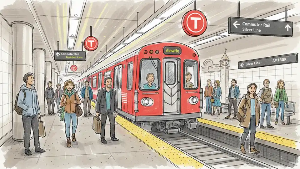 MBTA Red Line train at South Station platform with passengers waiting