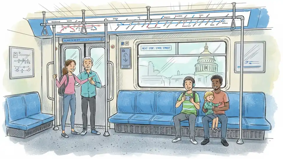 Blue Line train interior showing passenger seating and route map