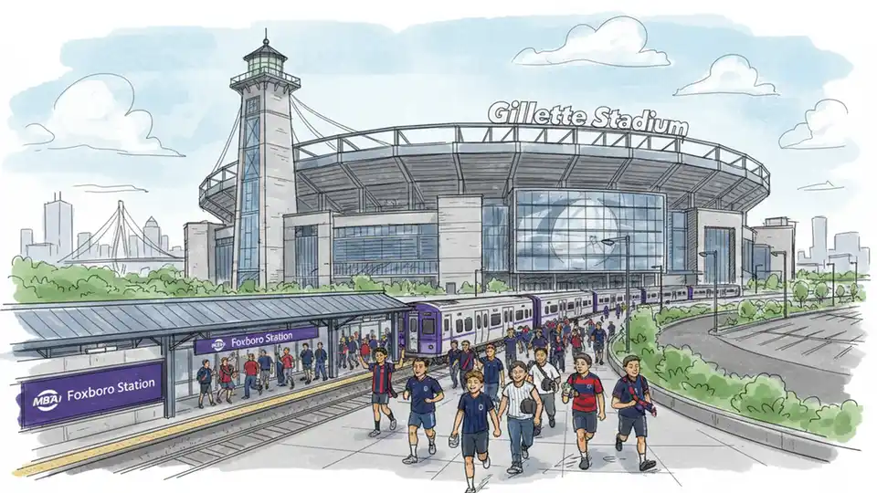 Gillette Stadium exterior with MBTA Commuter Rail station and crowd of soccer fans arriving for match