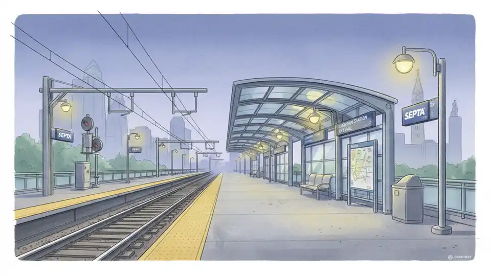 Empty regional rail platform at evening with illuminated station signage and track infrastructure
