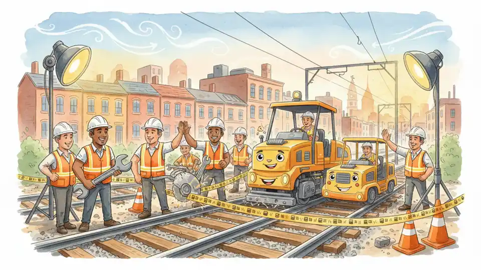 Railroad tracks with maintenance equipment and repair crews working on emergency track repairs