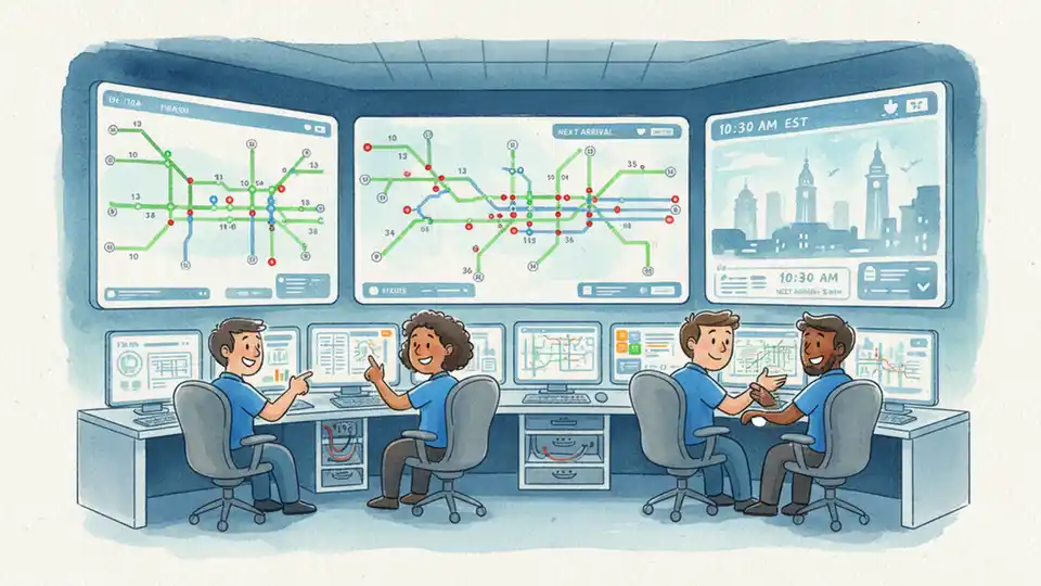 Transit control center with monitors showing trolley system operations