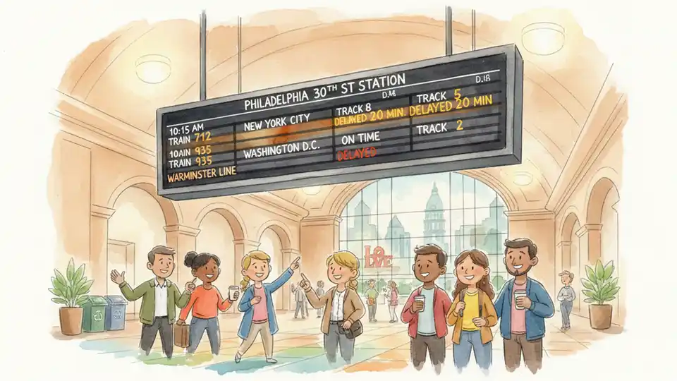 Digital train departure board showing delay information at station