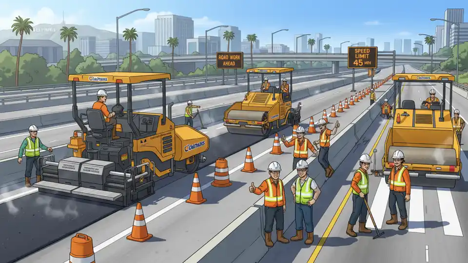 California Department of Transportation Caltrans highway construction equipment and workers performing pavement rehabilitation on a major freeway