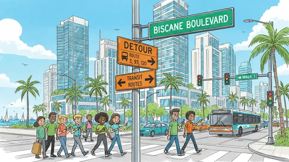Downtown Miami street sign showing Biscayne Boulevard and detour signage for transit routes