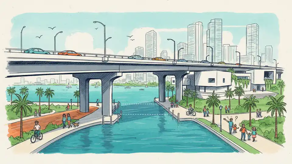 MacArthur Causeway overpass in Miami with waterfront area below, showing the gap where pedestrian bridge will connect Baywalk sections near Perez Art Museum