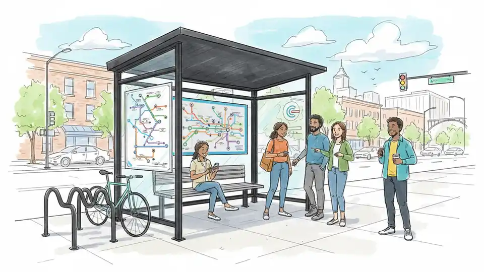 People waiting at modern bus shelter with route map display and bike rack