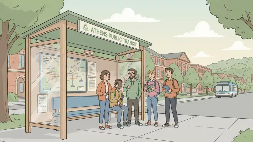 Bus shelter in Athens County showing system map and route information posted for riders