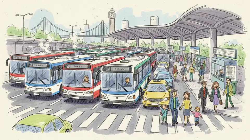 Buses queued outside urban bus station entrance with traffic congestion visible