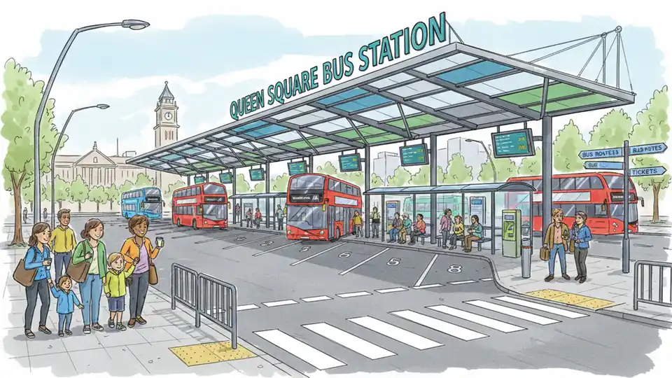 Queen Square bus station exterior with multiple bus bays and passenger waiting areas
