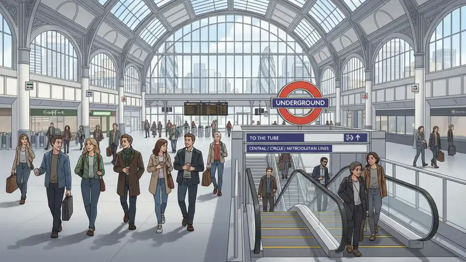 London Liverpool Street station main concourse with passengers walking toward Underground entrance, showing stairs and escalators in busy transit hub environment