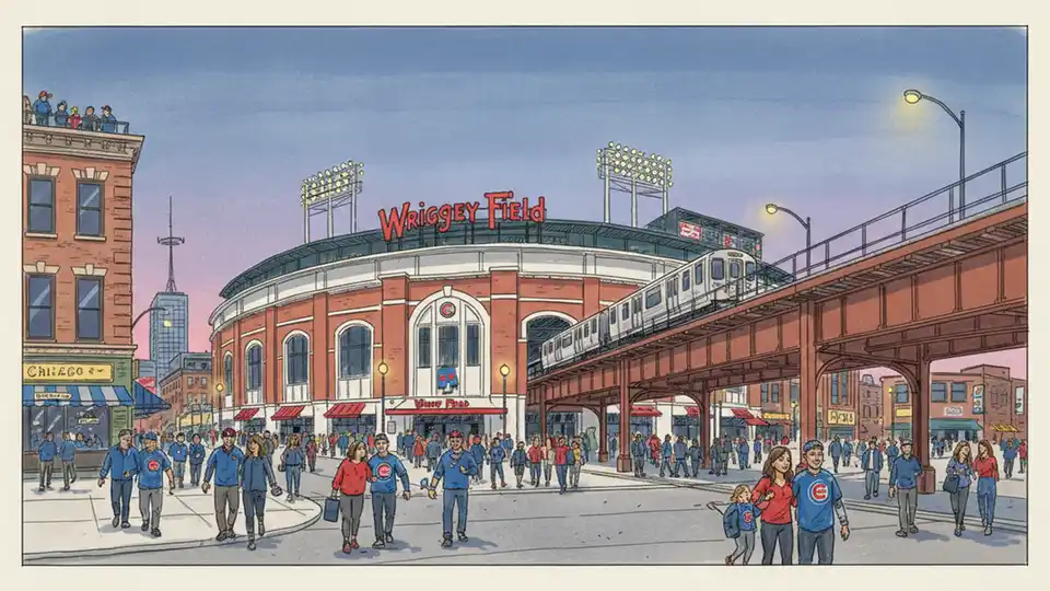 Wrigley Field exterior with CTA train tracks visible and evening crowd gathering for night game