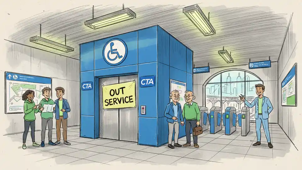 CTA elevator at rail station with out-of-service sign and accessibility symbol