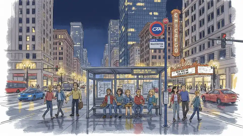 Downtown Chicago CTA bus stop at State and Washington intersection during evening hours with city lights