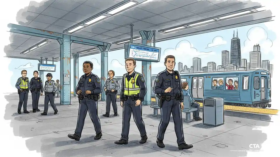 Chicago Police officers patrolling CTA train platform with transit security personnel, showing enhanced law enforcement presence on public transportation