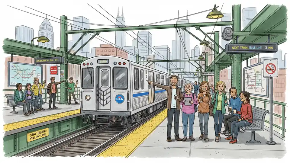 Chicago CTA train at elevated platform with passengers waiting, showing typical urban transit scene with safety signage visible