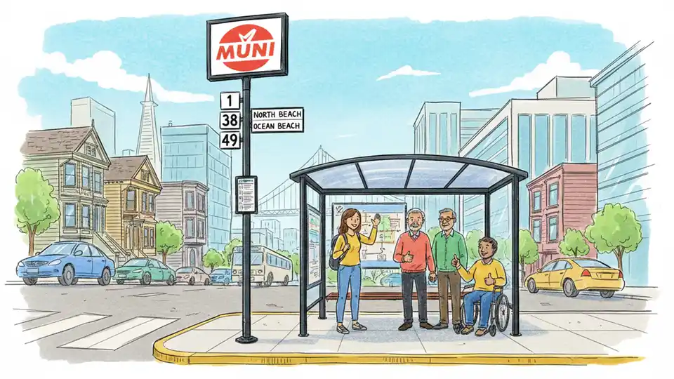 Muni bus stop sign with route number display in San Francisco neighborhood