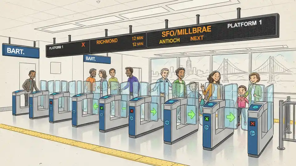 Transit fare gate and information display at Bay Area transit station