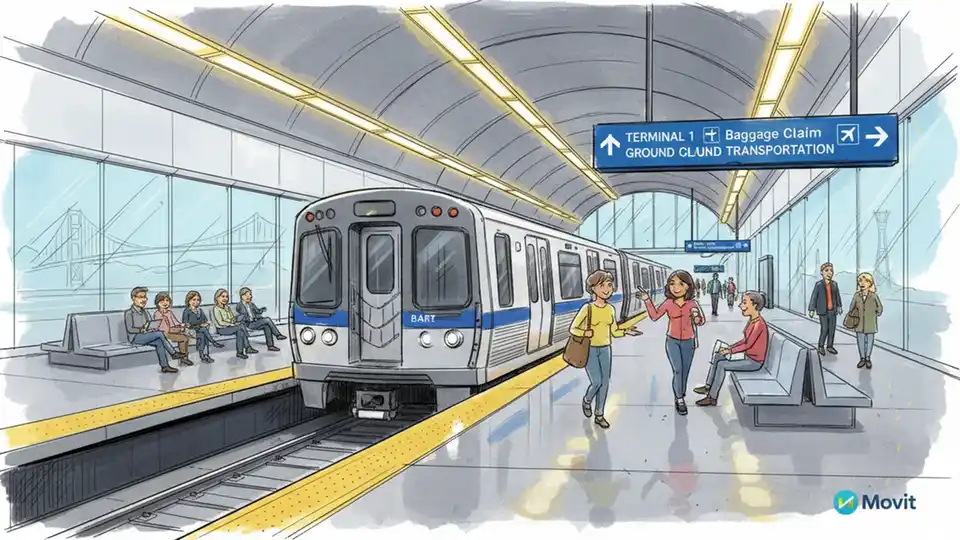 BART train at San Francisco International Airport station platform during evening hours, showing modern station architecture with airport signage visible