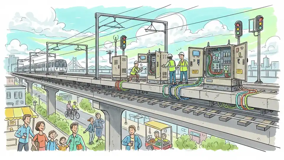BART train control equipment and signal infrastructure along elevated track section, showing technical systems being upgraded for modernization