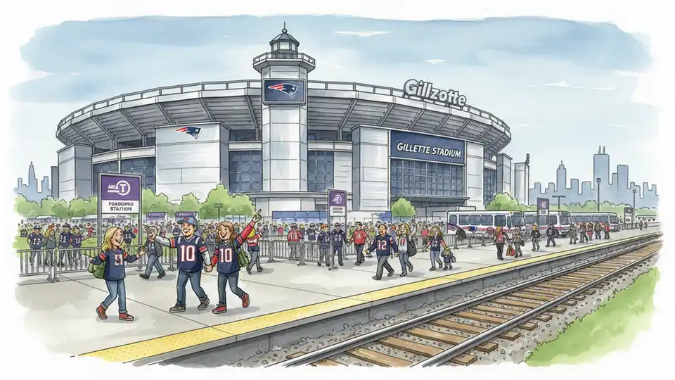 Gillette Stadium exterior with MBTA Commuter Rail tracks and platform in foreground showing event day transit access