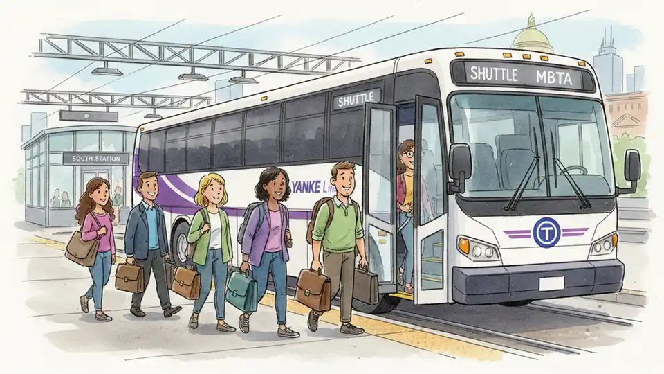 Yankee shuttle bus in MBTA livery at commuter rail station with passengers boarding