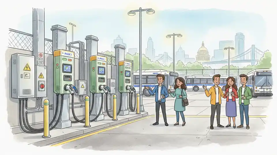 Electric bus charging station with multiple charging ports, close-up view of charging equipment and electrical infrastructure at transit facility