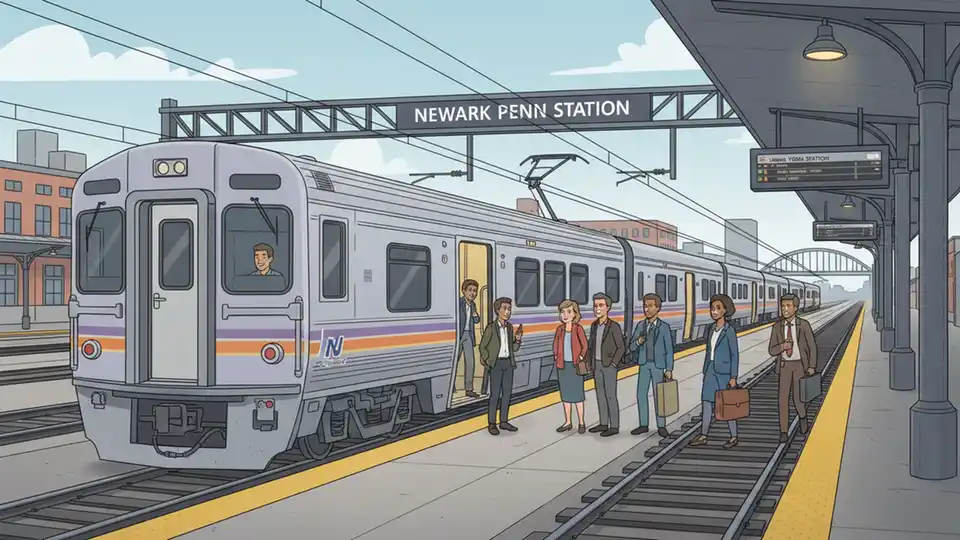 NJ Transit train at Newark Penn Station platform with passengers boarding