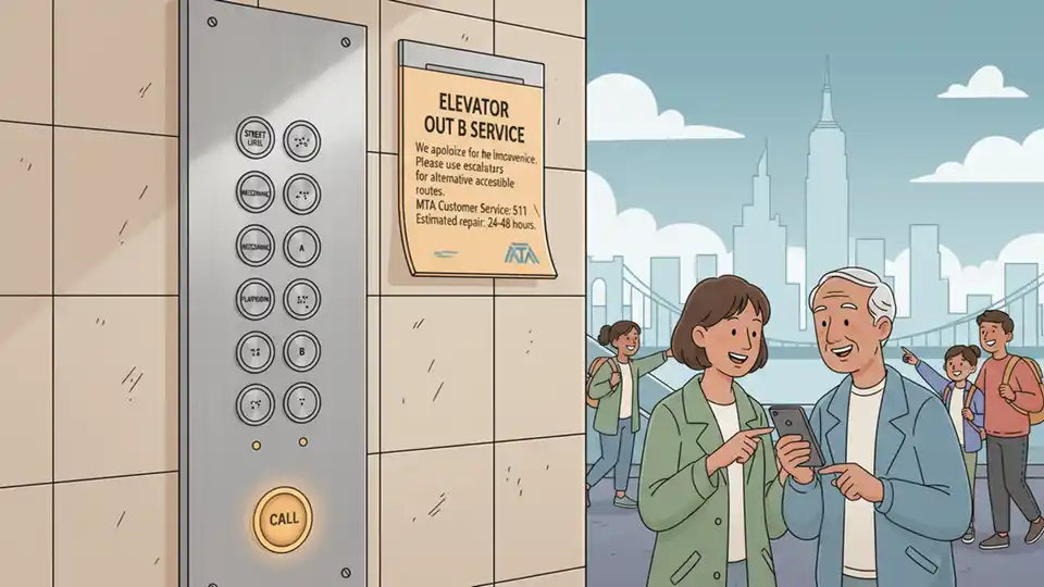 Close-up of elevator control panel and out-of-service signage at transit station, showing typical maintenance notification posted for riders