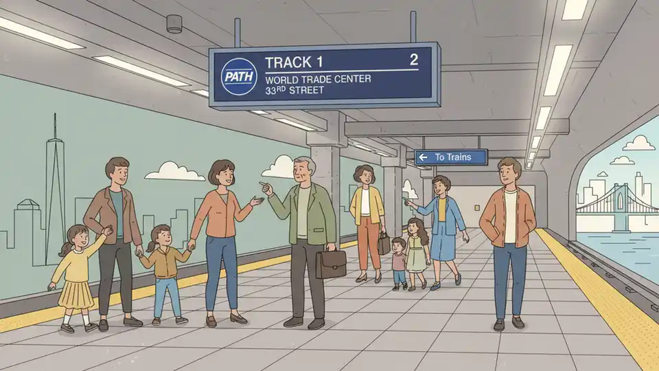 PATH station platform signage showing track numbers and service destinations