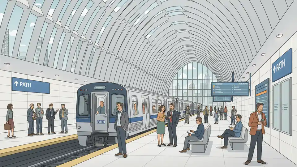 PATH train at World Trade Center station platform with passengers waiting