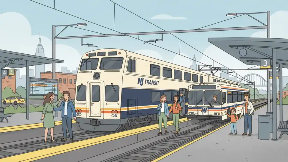 NJ Transit bus and train at station platform showing multiple transit options