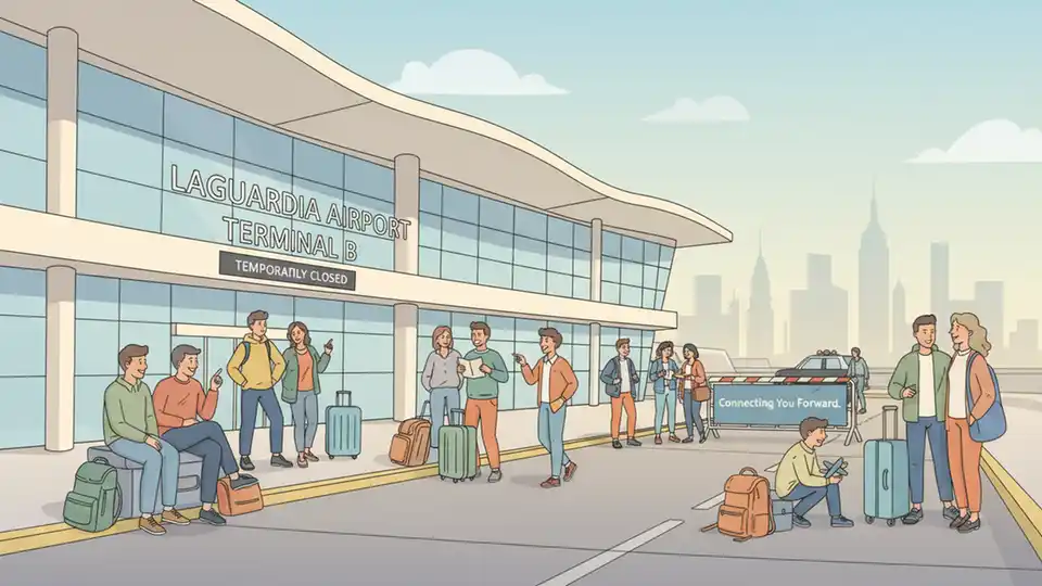 LaGuardia Airport terminal exterior with travelers waiting outside during closure