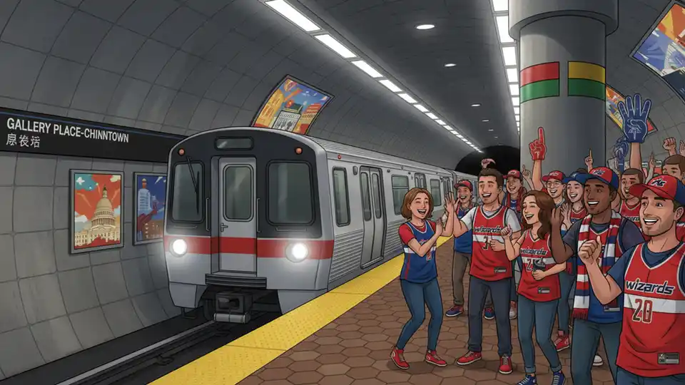 Metro train arriving at Gallery Place-Chinatown station near Capital One Arena with basketball fans on platform