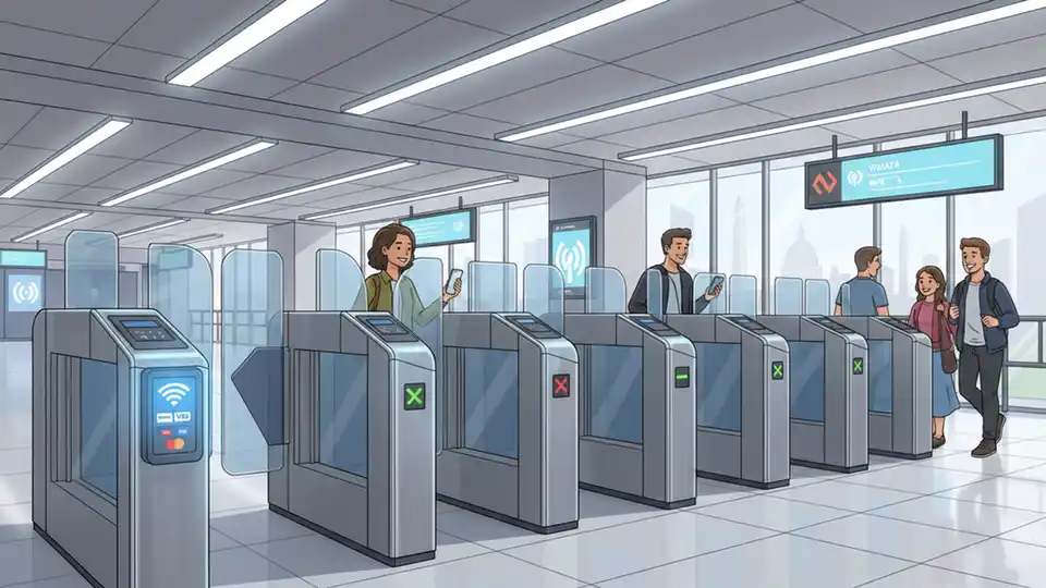 Metro fare gate with contactless payment reader showing tap symbol at downtown station entrance