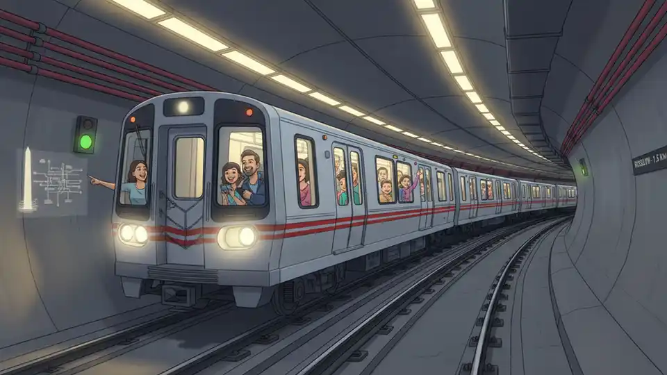 Metro train traveling through tunnel between stations, showing track infrastructure and train in motion
